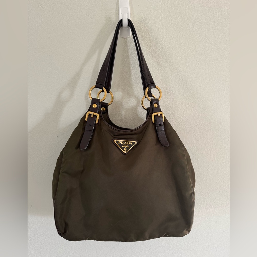 Prada Olive Nylon Shoulder Bag with Gold Details